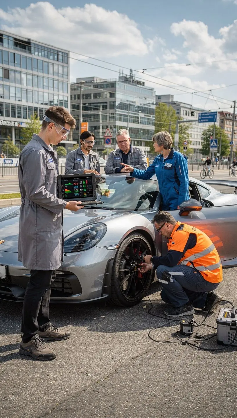Ingenieur überprüft Steuergeräte (ECUs) mit hochentwickelter Diagnosetechnik in einem spezialisierten Reparaturzentrum.