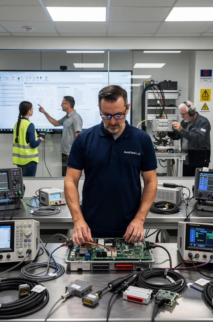 Fachpersonal kalibriert und testet Bordelektroniksysteme in einem modernen Labor für Fahrzeugelektronikwartung in Deutschland.